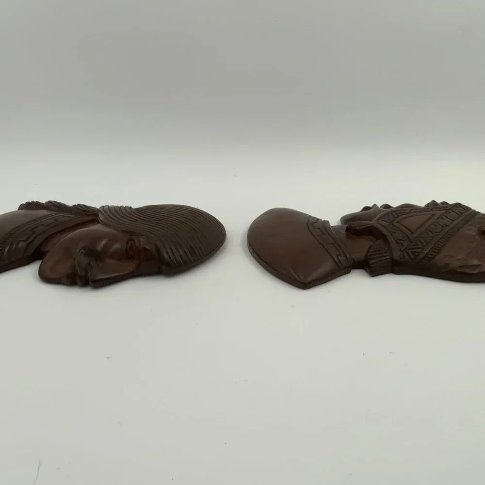 2 Vintage Carved Wood Native American Heads Male & Female Wall Hanging Art MCM
